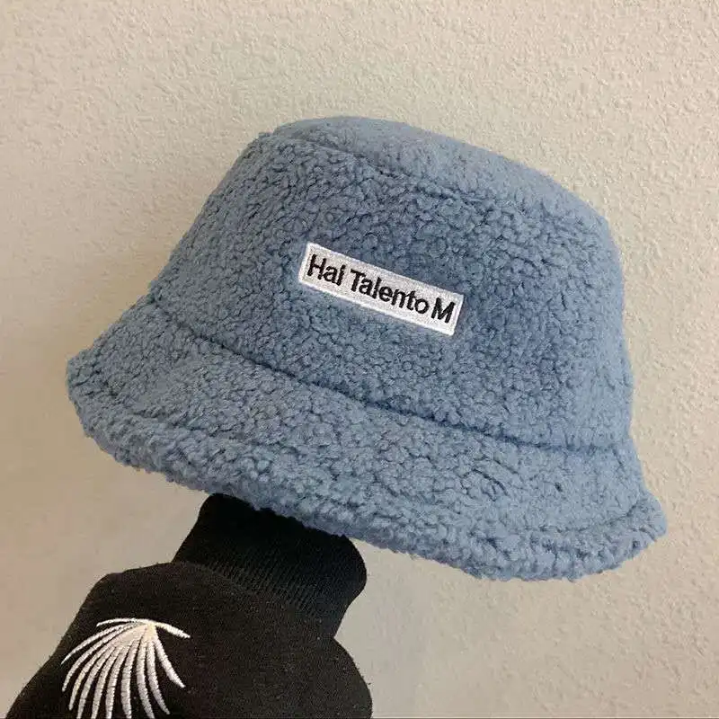 

New Harajuku Lamb Fur Bucket Hats Solid Women Men Fishing Fisherman Hat Outdoor Panama Fisherman Cap Thickened Warm Hats