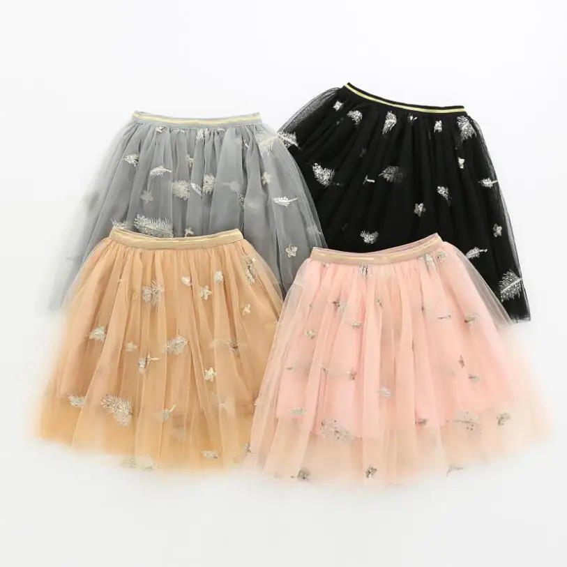 Юбка пачка с вышивкой и перьями для девочек длинная пушистая танцевальная юбка