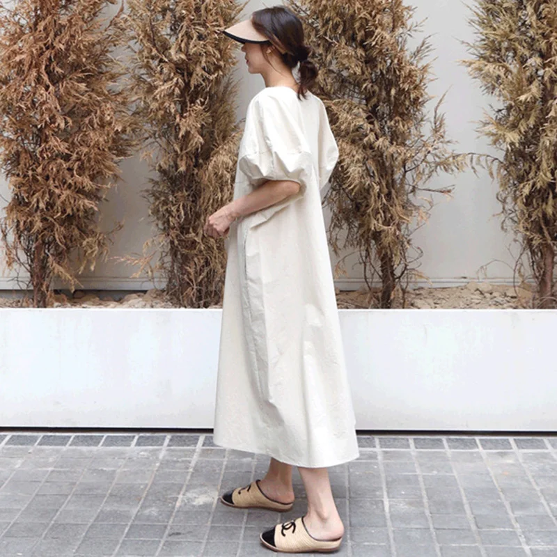 

Женское хлопково-льняное платье, повседневное свободное платье до середины икры с коротким рукавом-фонариком и круглым вырезом, модель B326 в...