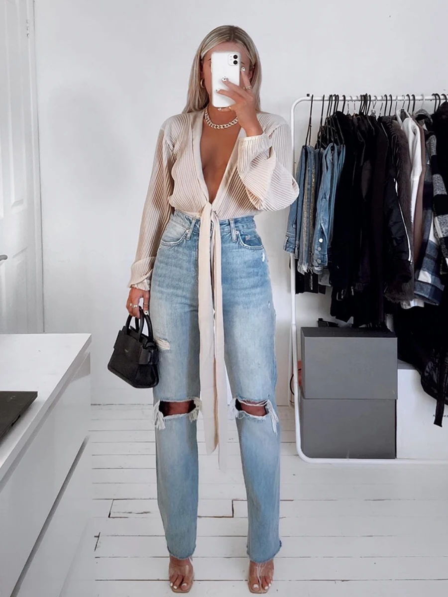 DEAT 2021 new spring and fashion high waist knee broken tassels full length denim pants female jeans WN50405L