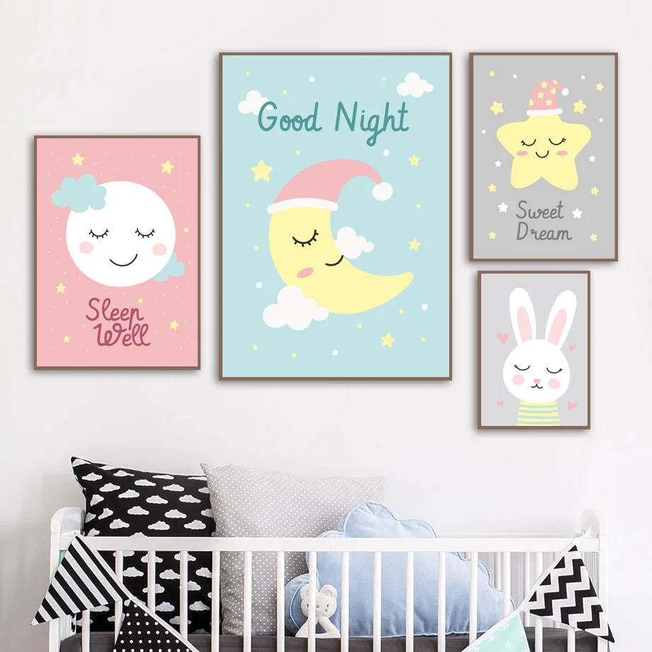Мультфильм Звезда Луна облако кролик хорошая ночь стены Искусство Холст