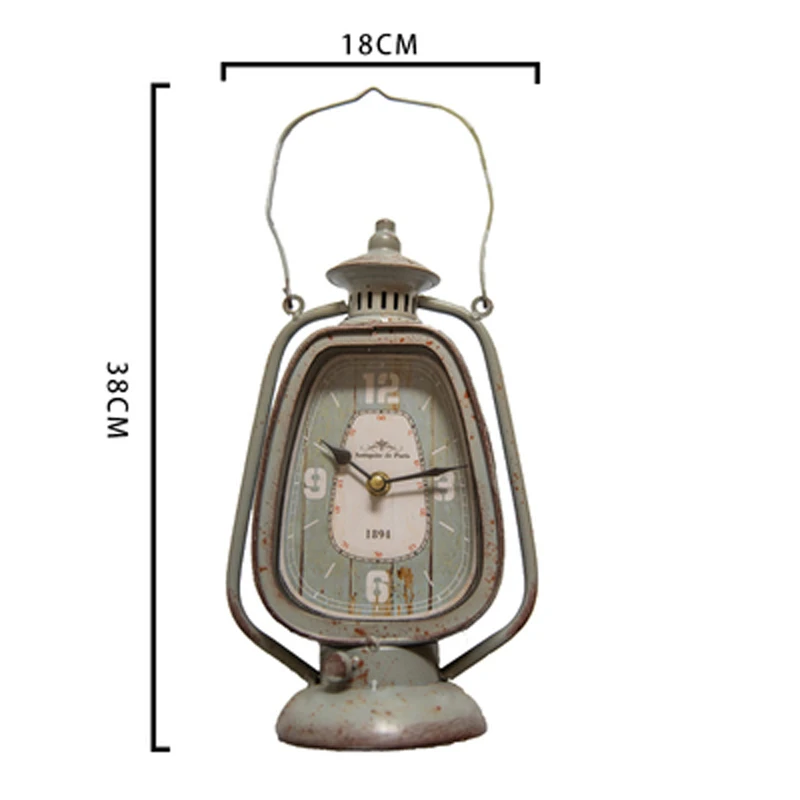 

Antique Grey Handle Candle Lantern Shape Iron Clock European Farm House Home Garden Tabletop Decor Metal Clock With Round Base