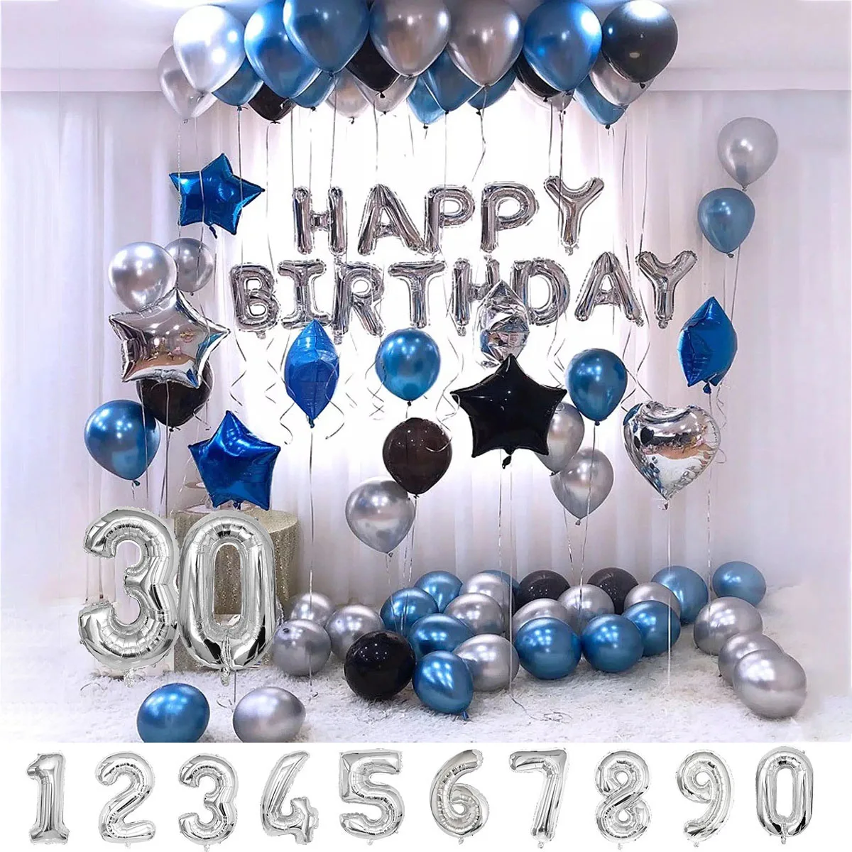 76pcs Silver Blue Metal Latex Balloons 1st 2 3 5 10 28 20 40 45 55 65 Years Old Boy Man Kids Happy Birthday Party Decorations