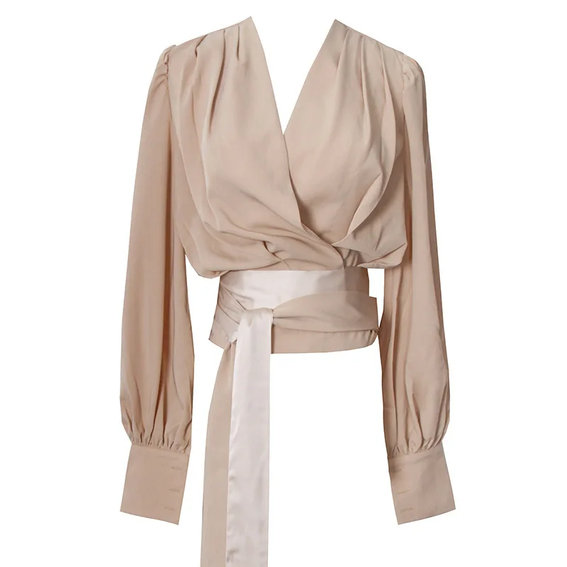 

Runway Designers Tops Mujer 2020 Spring Autumn Elegant Draped V-neck Long Sleeve Chiffon Blouses Womens Office Wear