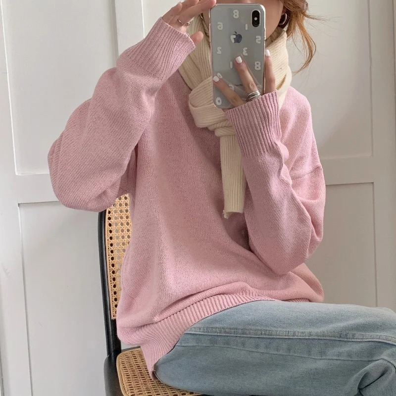 

Women Sweaters Pullover Solid Simple Loose Korean Fashion Style Casual Autumn O-neck Daily Office Lady Students All-match New