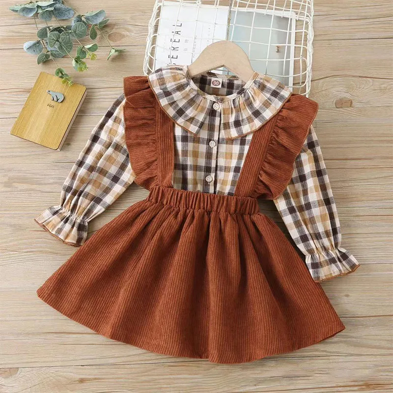 

2-6 Years 2 Pieces Baby Girls Suit Set Plaid Peter Pan Collar Long Sleeve Corduroy Shirt+ Solid Color Suspender Skirt
