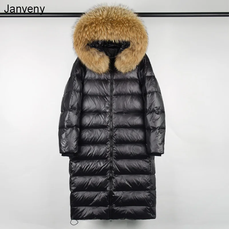 Janveny Big Real Raccoon Fur Hooded Long Puffer Jacket Women Shiny Patent Leather Parkas Winter 90% Duck Down Coat Waterproof