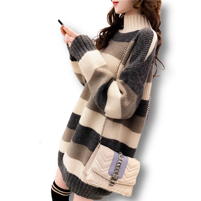 

Turtleneck Knitted Women Sweater And Pullovers Thicken Warm Loose Striped Female Pulls Outwear Coats Tops