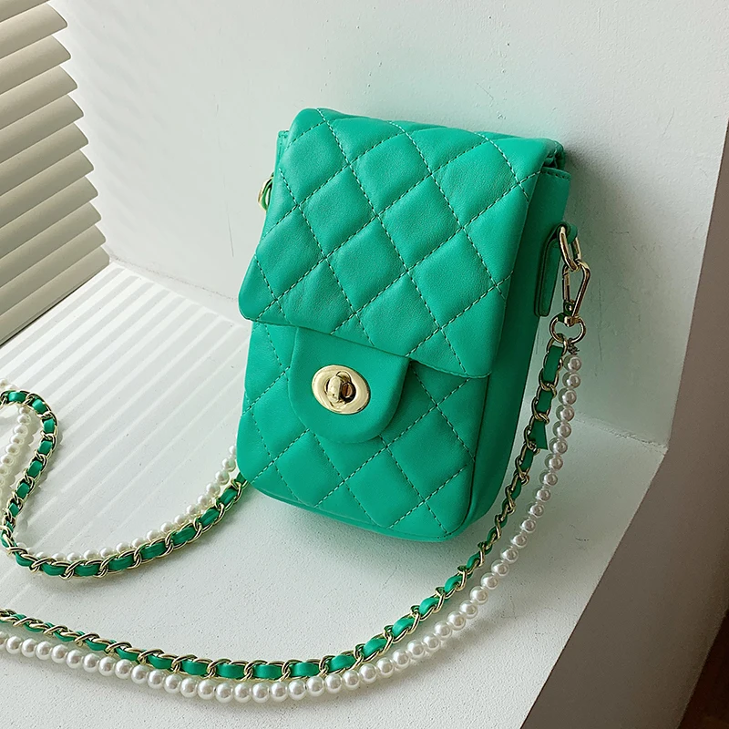 

Lattice Square Crossbody bag New Quality PU Leather Women's Designer Handbag Pearl Shoulder Messenger Bag Phone Purses