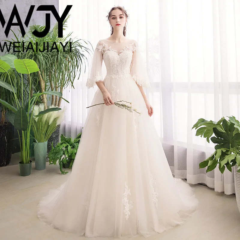 

Женское длинное свадебное платье It's yiiya, белое прозрачное ТРАПЕЦИЕВИДНОЕ ПЛАТЬЕ со шлейфом и рукавами-фонариками на лето 2019