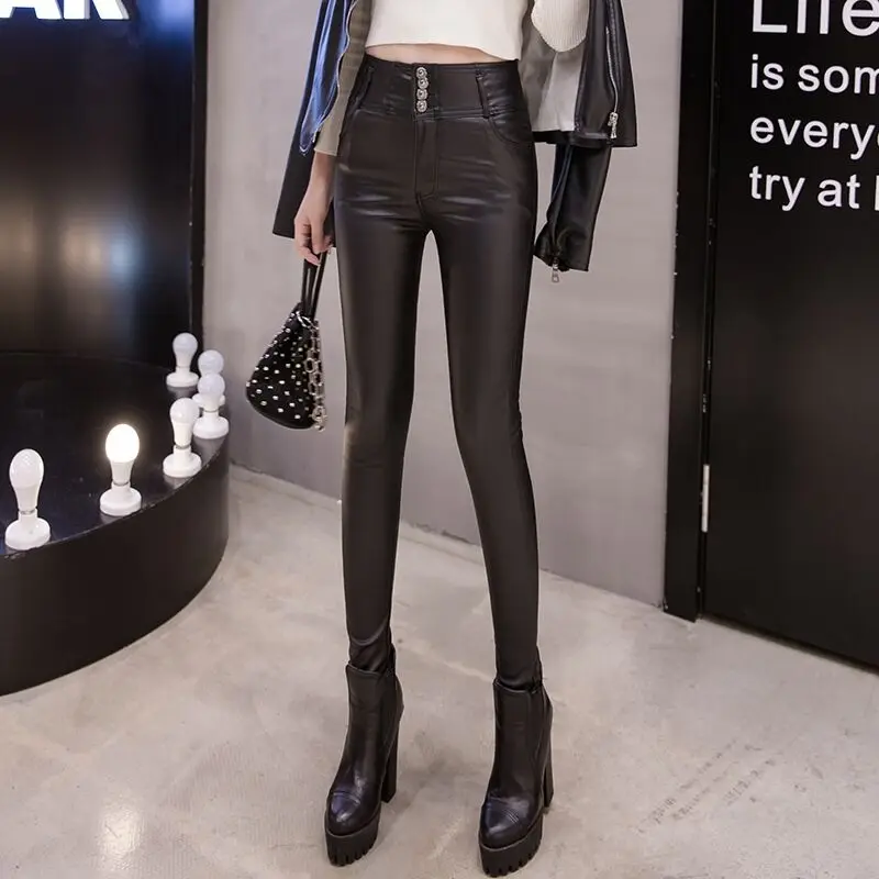 Кожаные брюки женские зимние с высокой талией 2019 новые PU узкие бархатные кожаные