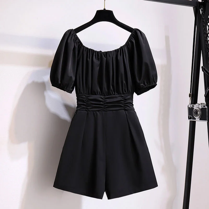 2022 Women Jumpsuit Romper Short Sleeve Square Neck Casual Playsuit Overalls Ladies Wide Leg Loose Black Playsuit 5XL