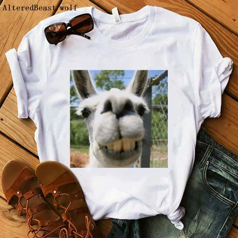 

A Llama in a car 2019 women T-Shirts harajuku Llama t shirt femme short sleeve print funny tshirt women white tops cute clothes