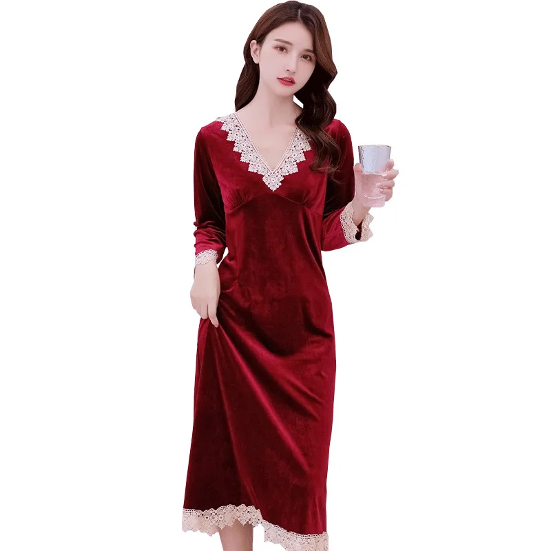 Exquisite V-neck Lace Women Winter Nightgown Nightwear Velvet Keep Warm Sleepwear Nightdress Comfortable Casual Soft Homewear | Женская