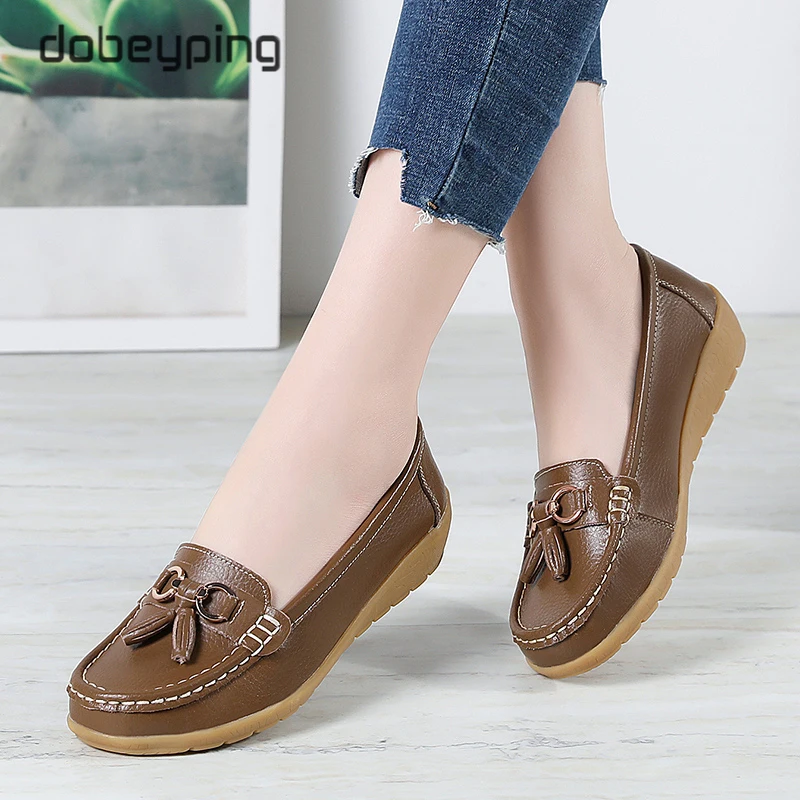 New Genuine Leather Shoes Woman Slip On Women's Flats Moccasins Female Loafers Spring Autumn Soft Mother Shoe Plus Size 35-44