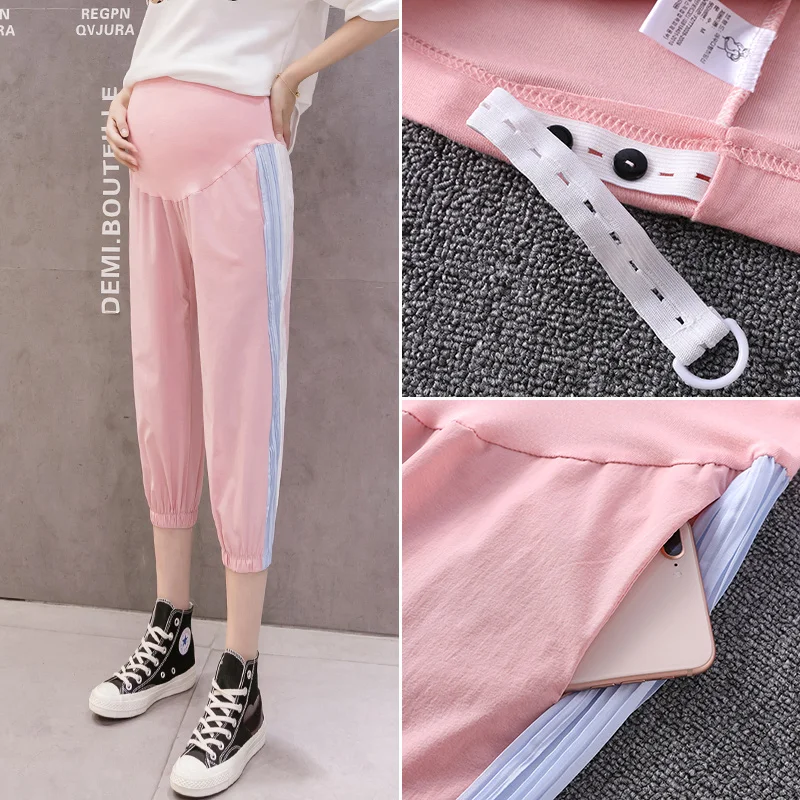 Шифоновые брюки Капри для беременных в полоску сбоку летняя одежда большого