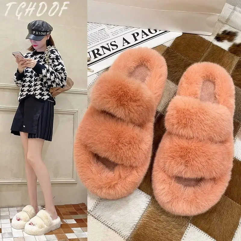 

Puimentiua Luxury Fur Slides Women Summer Furry Slippers Fluffy Home Shoes For Women Ladies Flops With Female Fur Sandals