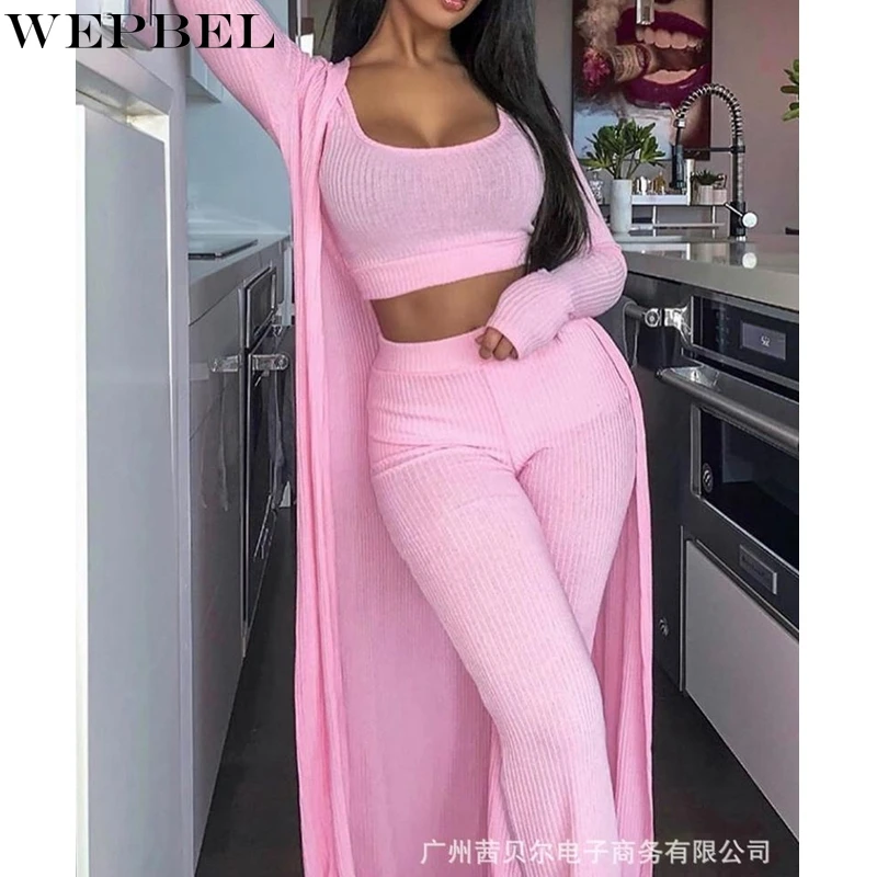 

WEPBEL Women's Slim Solid Color Three-Piece Suit Autumn Long Sleeve Large Coat + O-Neck Vest + High Waist Flared Pants Suit