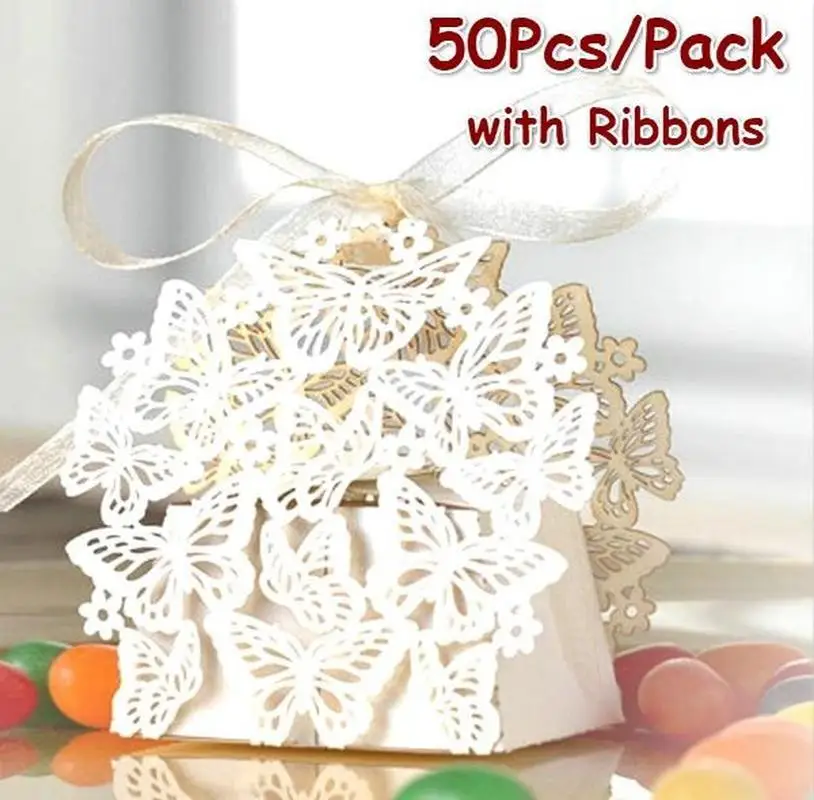 

50pcs Hollow Butterfly Cookie Candy Box Gift Case with Ribbon Wedding Decor