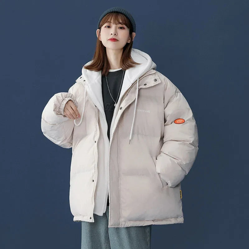 

Корейское шикарное пальто большого размера с имитацией двух частей и хлопковой подкладкой, женские зимние короткие парки на молнии с капюш...