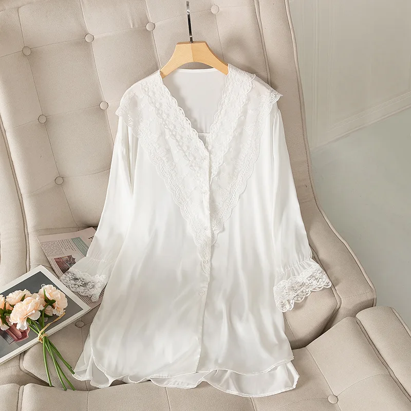 

V-Neck Nightgown Loose Nightdress Women Satin Sleepwear Full Slip Lace Intimate Lingerie Sexy Nightwear Kimono Dressing Gown