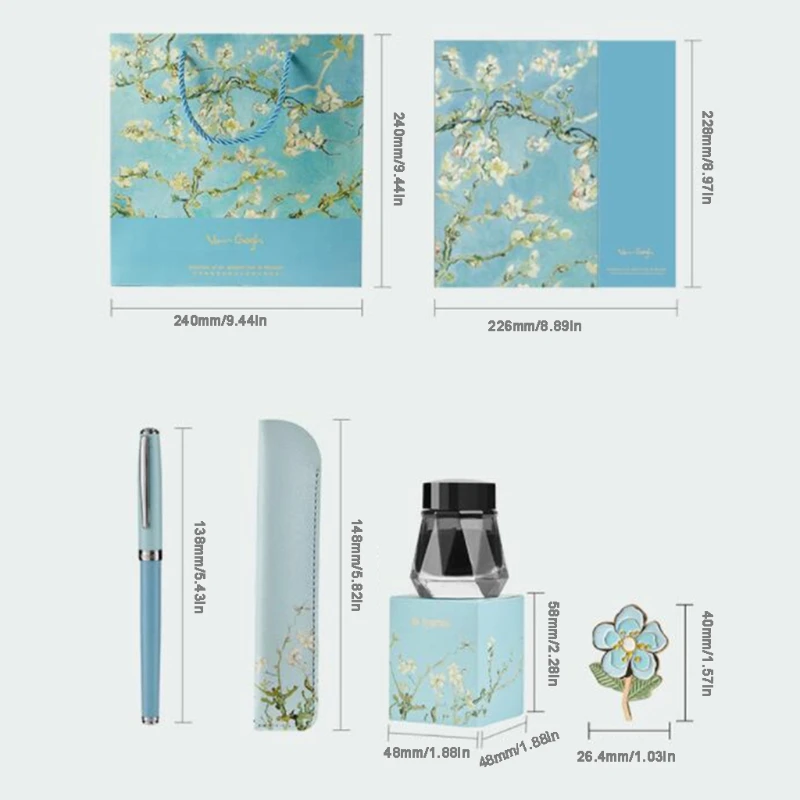 

C5AB Excellent Calligraphy Pen Exquiste Stylish Fountain Pen with 30ml Ink Bottle PU Pen Cover Blue Flower Pettern Brouch