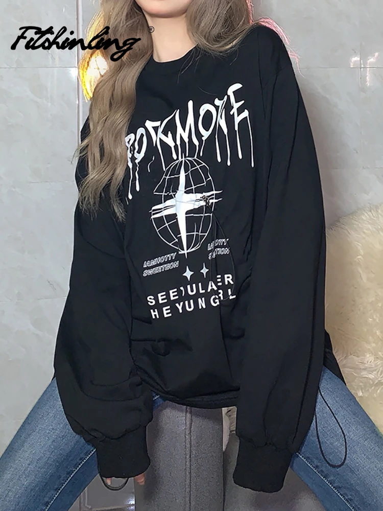 

Fitshinling Готическая Толстовка Свободная рубашка с буквенным принтом панк плиссированная темная ткань с длинным рукавом женская одежда для ве...
