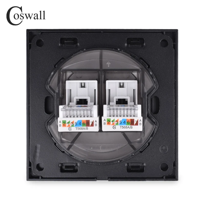 Coswall Кристалл Закаленное стекло панель 2 банды RJ45 CAT5E интернет-Джек Розетка для передачи данных компьютерная розетка Белый Черный Серый Золотой