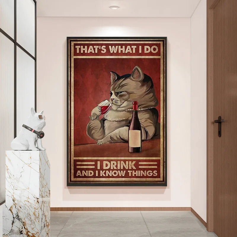 

Vintage Abstract Style Cat Drinking Wine Read Book Posters and Prints Canvas Painting Wall Art Pictures for Living Room Decor