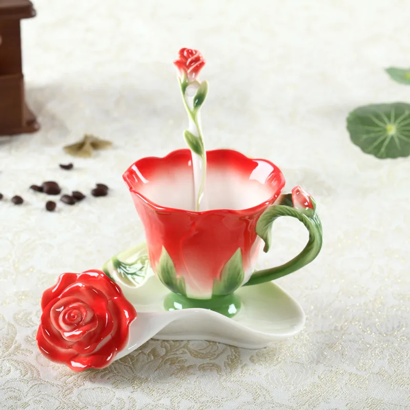 Creative Fashion 3D Rose Shape Flower Enamel Ceramic Coffee Tea Cup and Saucer Spoon Set Porcelain Water Valentine Day Gift | Дом и сад