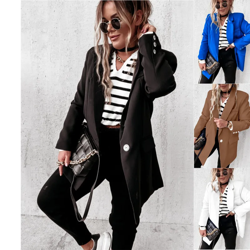 

Fashion Blue Women One Button Casual Fall Tan Blazer Ladies Lapel Long Sleeve Loose Fit Jacket Fashion Autumn Outwear Clothing