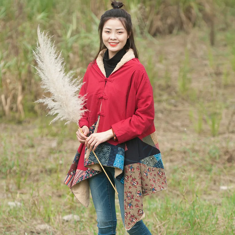 Красный Хлопковое и льняное платье зимой и Бархатная шаль ретро ручная пуговица богемное Сращивание пальто плащ - Цвет: Красный