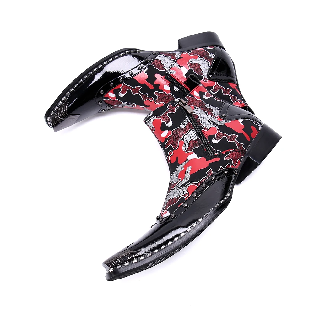 

Christia Bella Metal Pointed Toe British Style Men Boots Printing Pattern Male Large Size Handmade Short Boots New Fashion Boots