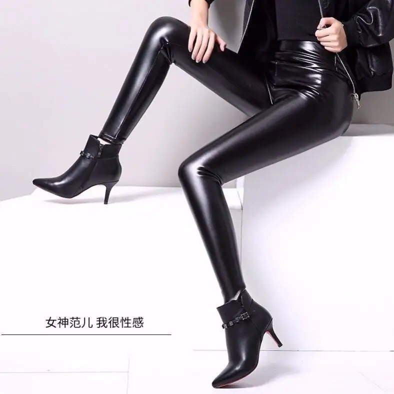 Штаны женские кожаные черные с высокой талией эластичные зимние 2020 | Женская