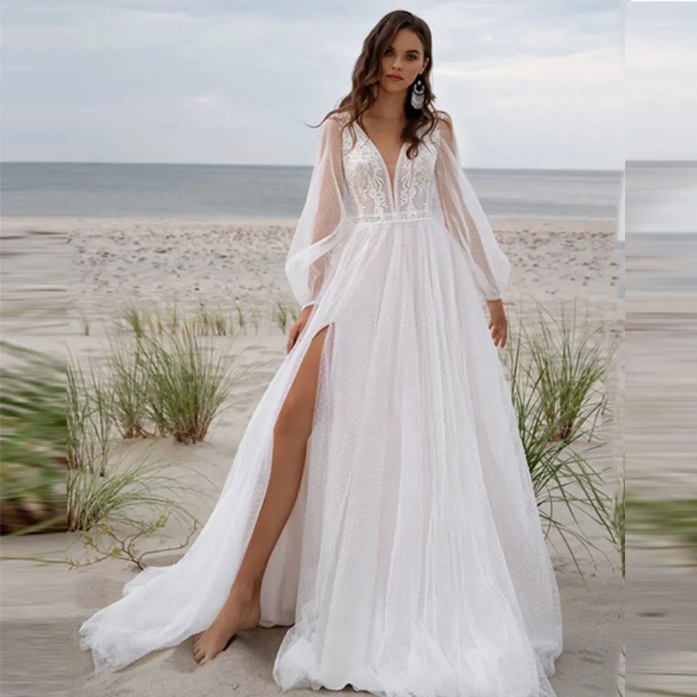 

Женское пляжное свадебное платье TIXLEAR в стиле бохо, кружевное платье невесты в горошек с длинными рукавами-фонариками и V-образным вырезом, 2023