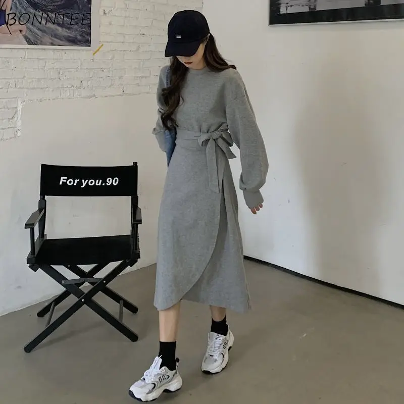 

Long Sleeve Dress Women Autumn New Bandage Midi Casual A-line Vestido Feminino Streetwear Simple All-match Solid Fashion Classy