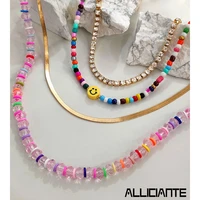 4 pcs boho multilayer rainbow color rice beads smiley choker necklace for women pink beads crystal tennis chain necklace jewelry