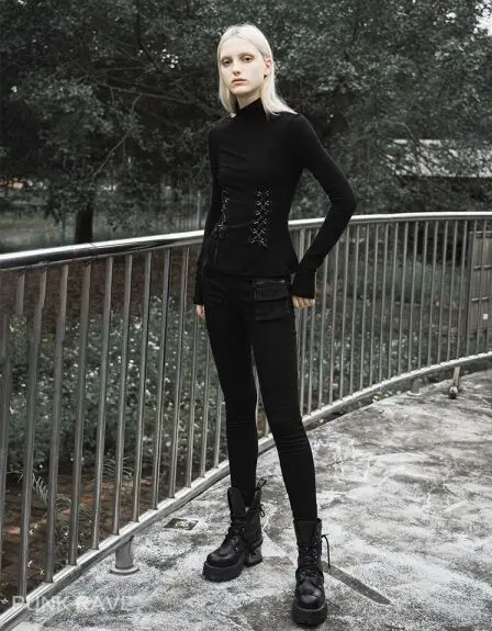 Панк рейв Женская готика Высокая шея шнуровка с длинными рукавами футболки PT 396