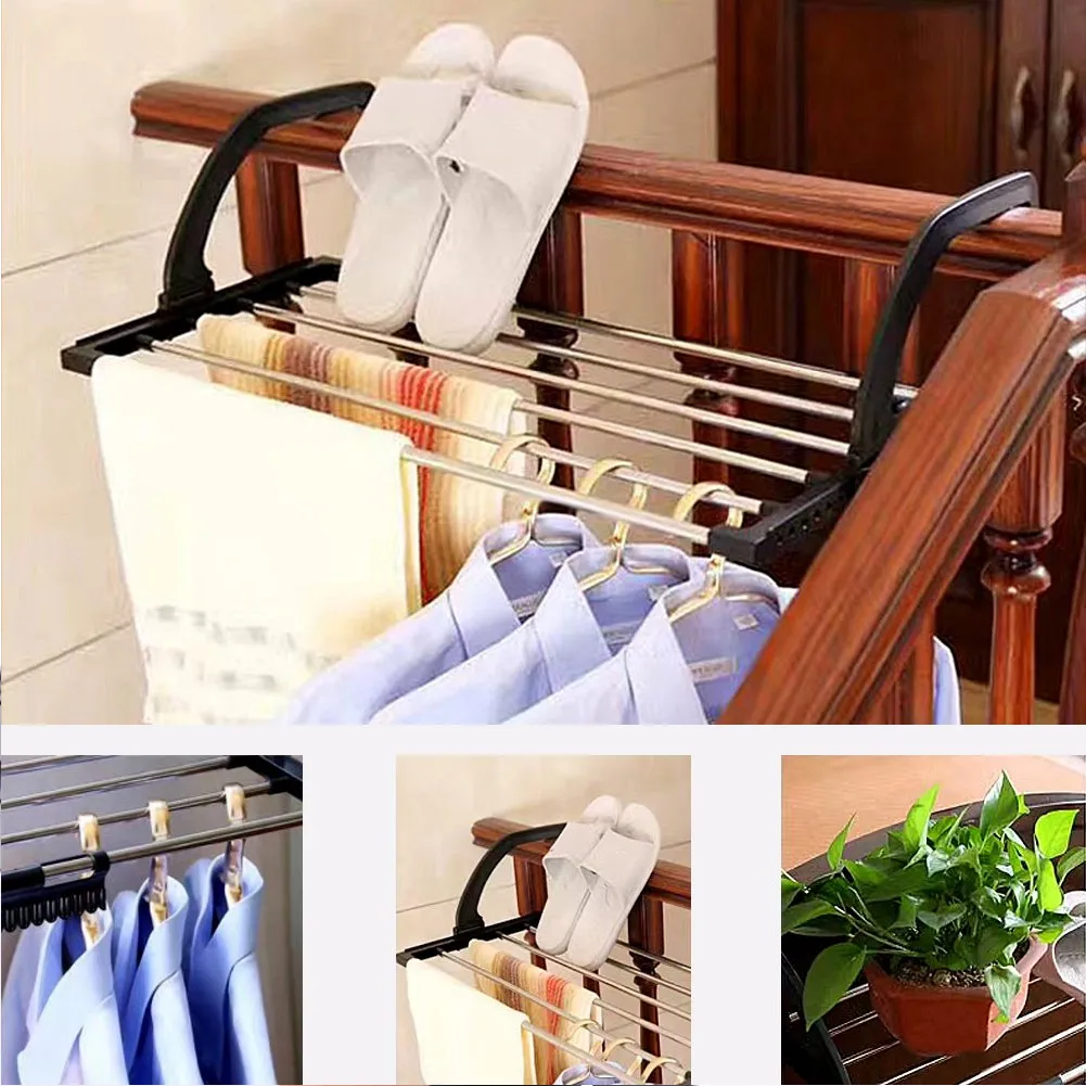 

Folding Towel Drying Rack Stainless Steel Clothes Hanging Racks with Clips for Balcony Windowsill RERI889