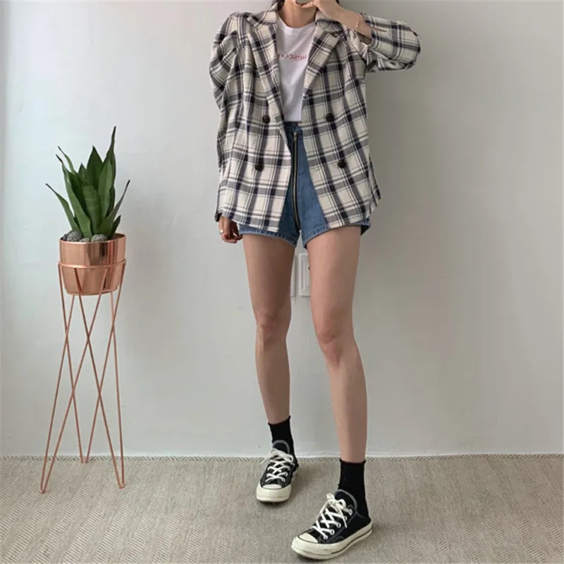 RUGOD, модные женские клетчатые куртки ins, корейский стиль, с пышными рукавами, с длинным рукавом, на шнуровке, для офиса, для девушек, Блейзер, куртки, Ретро стиль, Auturm, пальто