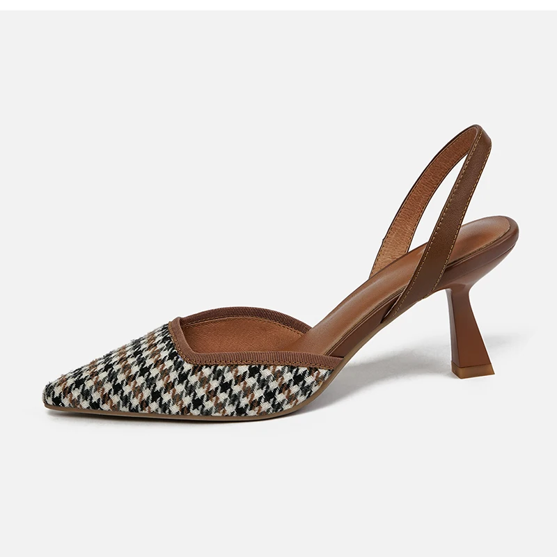

2021 Summer Shoes Women Pointed Toe Thin Heel French Toe Cap Sandals Women Houndstooth Cotton High Heel Sandals for Women