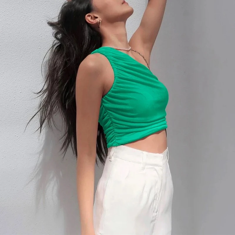 

2021 Fashion New Three-quarters Tops One Shoulder Sleeveless Pleated Vest Summer Plain Slim Pleated Short One Shoulder Vest Wome