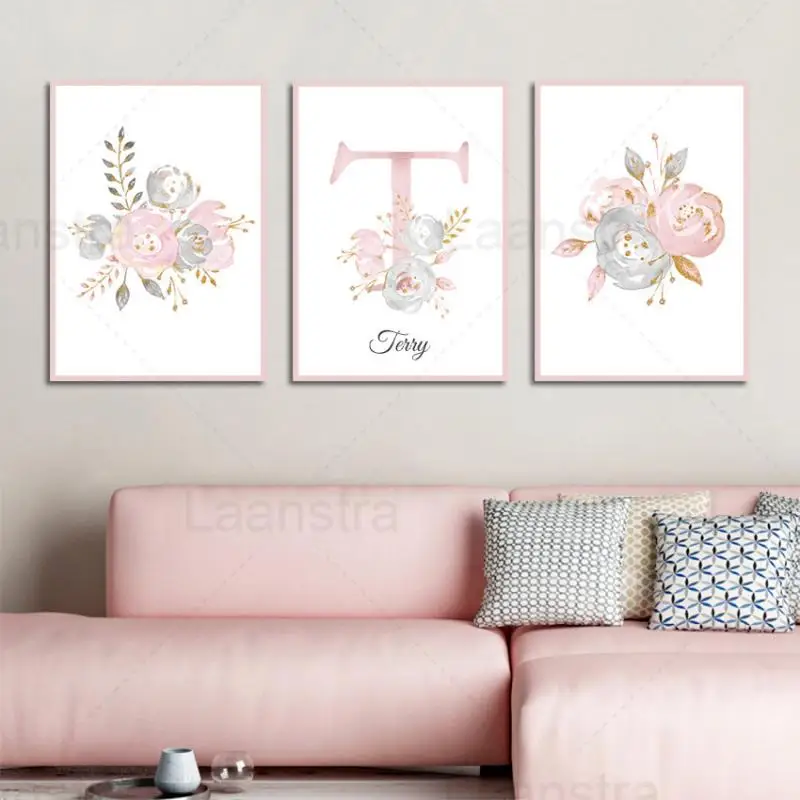 

Personalized Poster Baby Name Custom Canvas Painting Nursery Prints Pink Flowers Wall Art Pictures For Girls Room Decoration