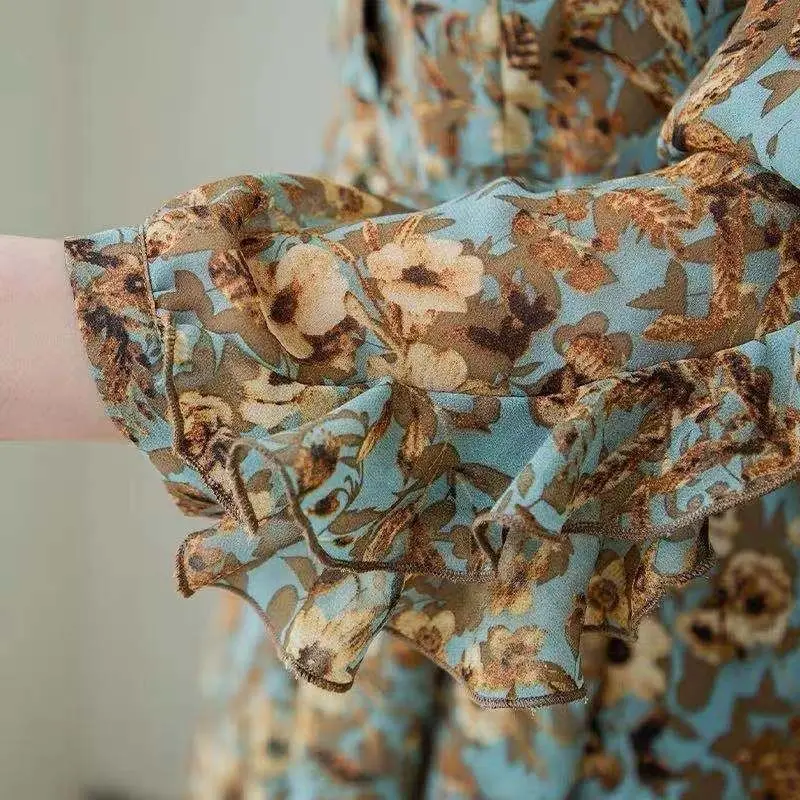 

Chiffon Dress Spring Summer New Style 2021 High-end Fashion Waist A-Line Dress Slimming Light Mid-Length Floral Skirt Women A25