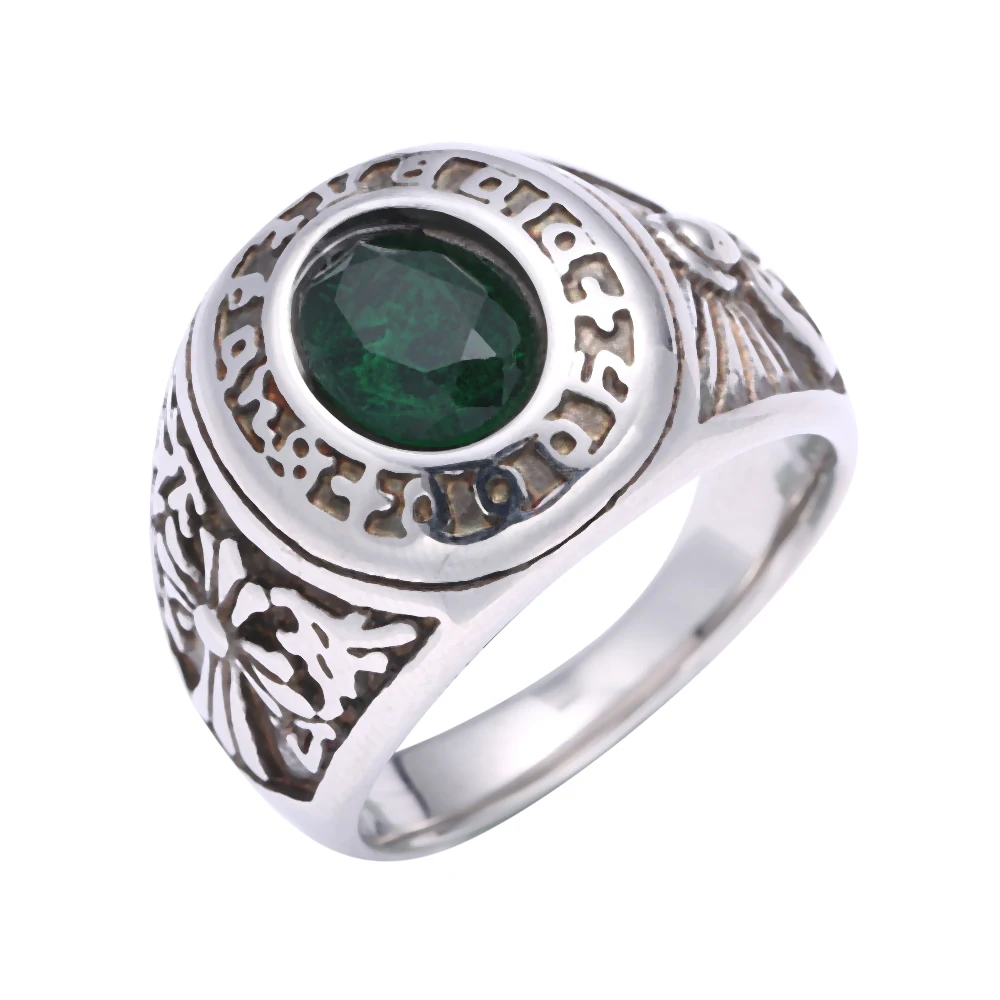 

Silver Colour Jewelry Vintage Rings For Men Engraved Flowers With Green Garnet Natural Stone Jewellery GJ0011