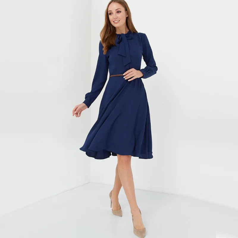 

Elegant women long sleeve button-down bow collar swing dress Office lady slim party midi dress fall 2020 dresses for women