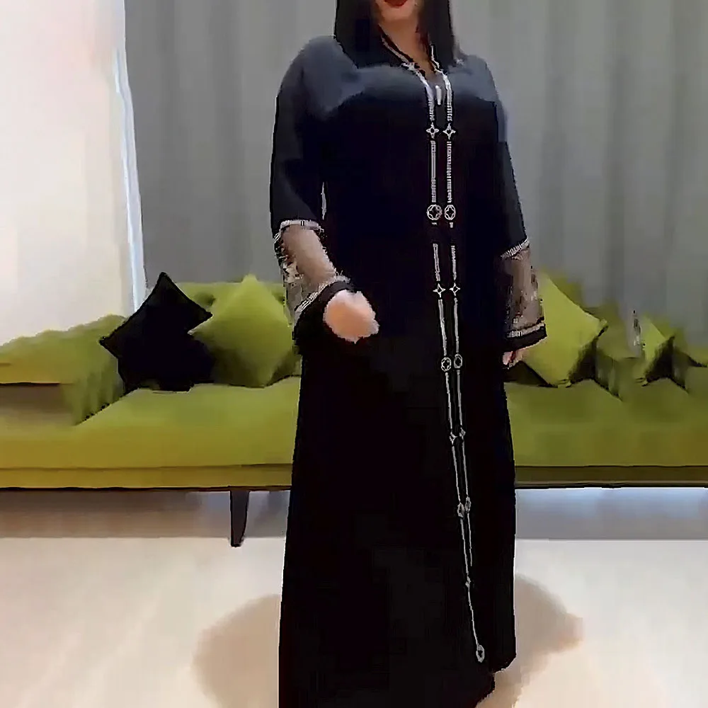 

Spring Autumn Fashion Long Dress Muslim Women's African Cardigan Zipper Robe Fashion Mesh Splicing Hot Rhinestone Loose Dresses