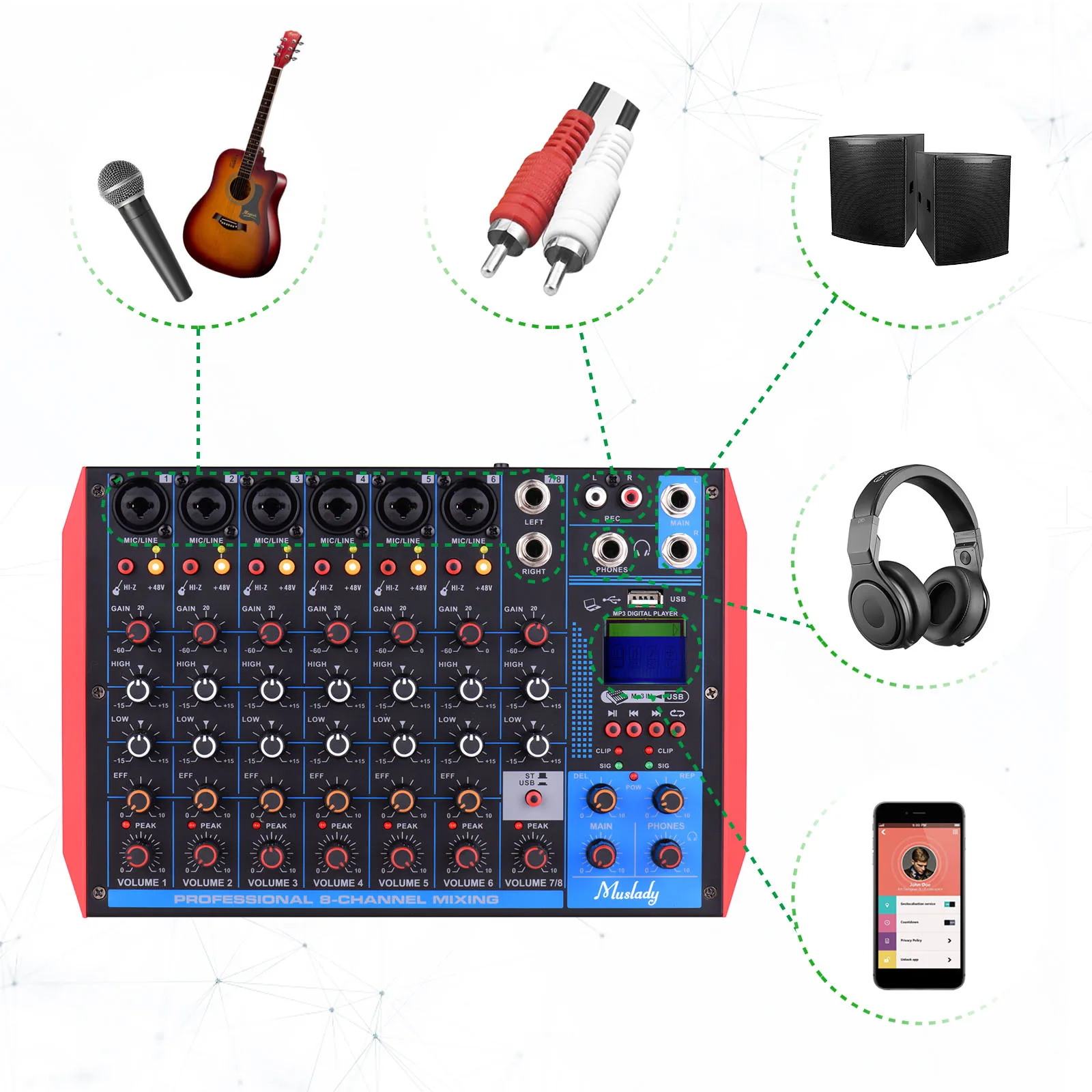 Muslady 8-канальная микшерная консоль цифровой аудио миксер + 48 в фантомное питание