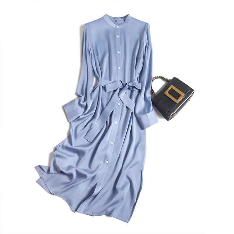 

SHUCHAN Shirt Dresses for Women Office Lady Sashes Regular O-Neck Silk A-Line Solid Single Breasted Natural Fiber Summer Poplin