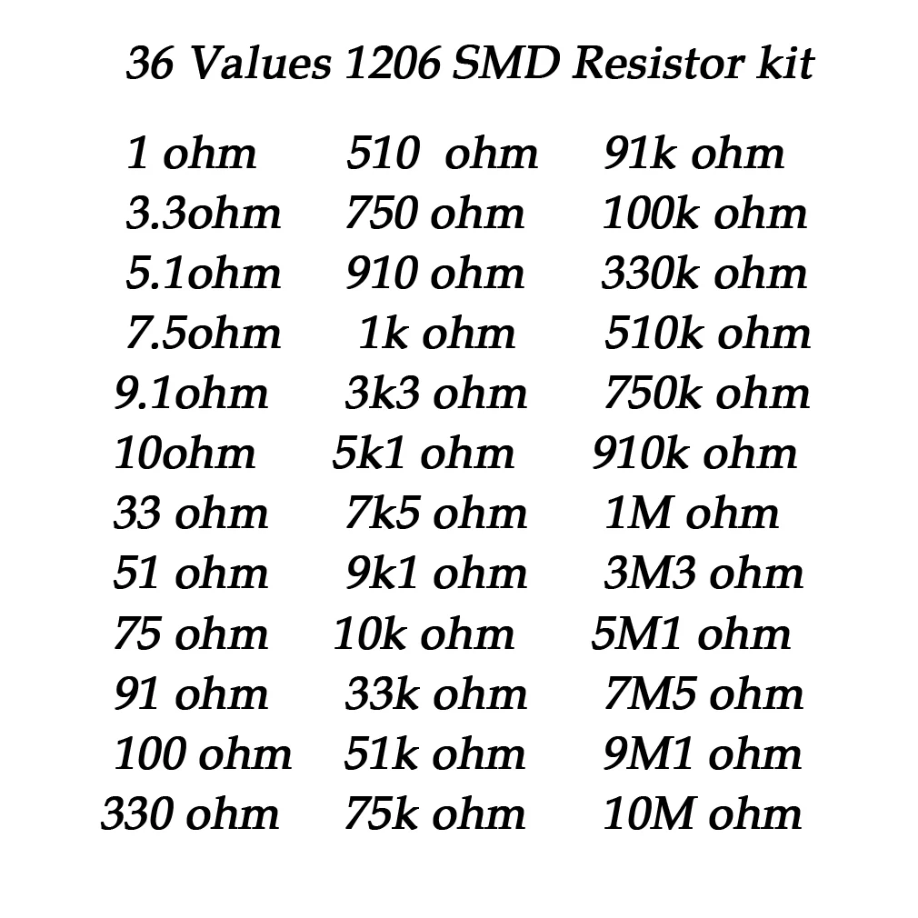 36 значений * 20 шт. = 7 1206 SMD комплект резисторов 1/4 Вт 0 25 5% 1 Ом ~ 10 МОм набор